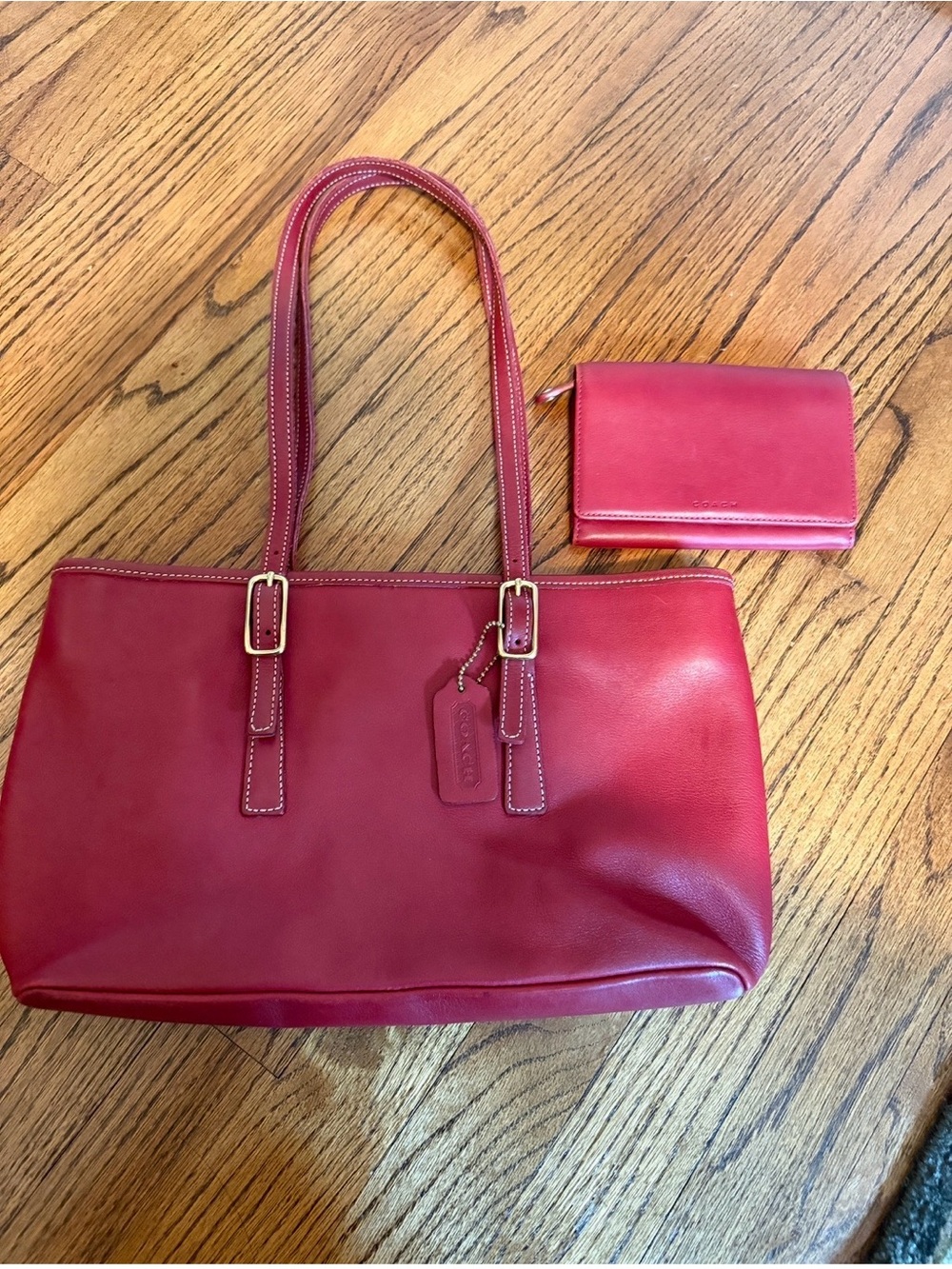 Coach Red Leather Tote with Matching Wallet Set